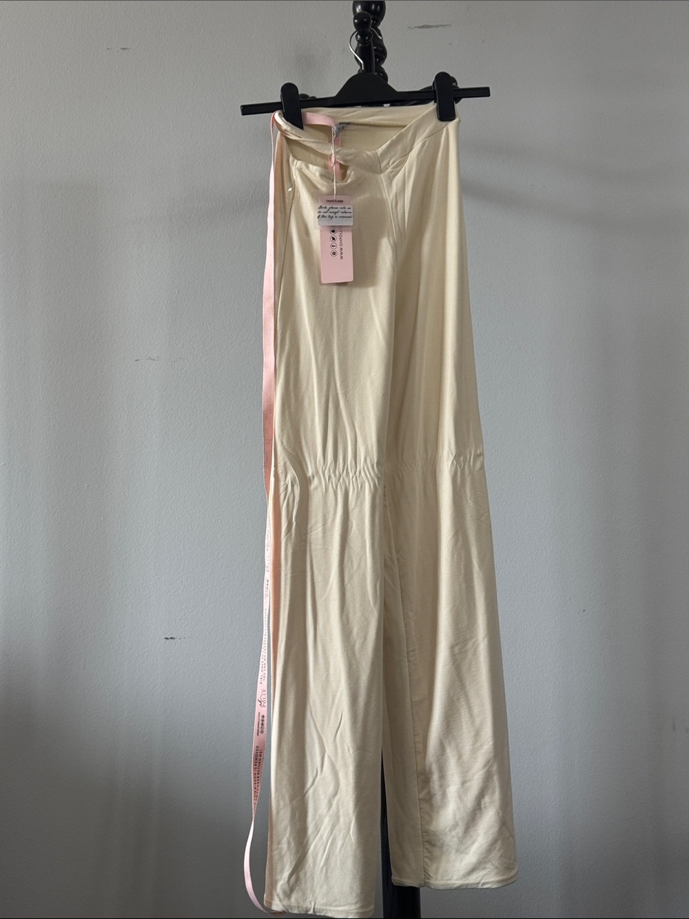 Oh Polly Cream Wide Leg Jumpsuit with Pink Ribbon Detail